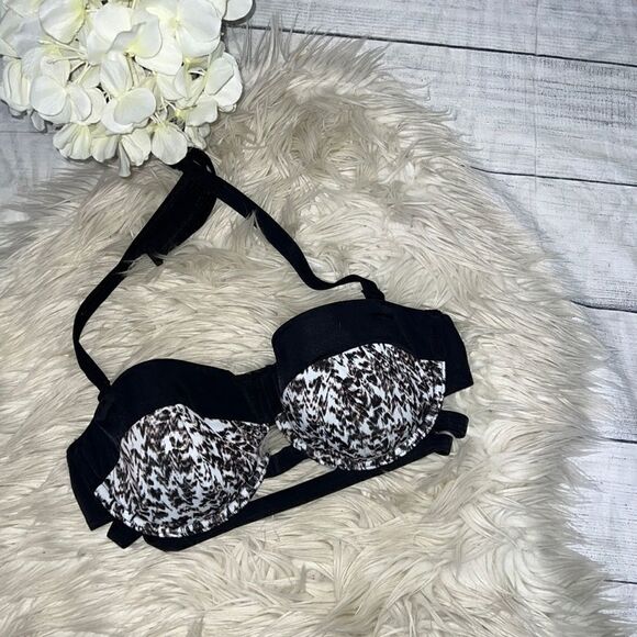 ASOS Swim Halter Neck Tie Underwire Black White Strappy Bikini Top sz 36DD - Picture 1 of 7